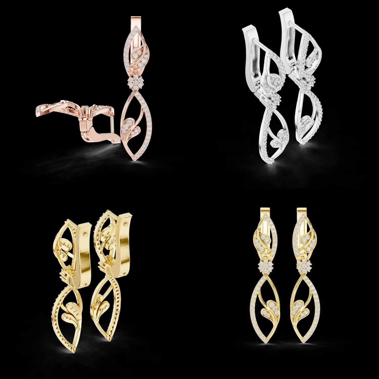 Diamond Drop Earrings Floral Leaf Dangle 3D Model STL 3D print model