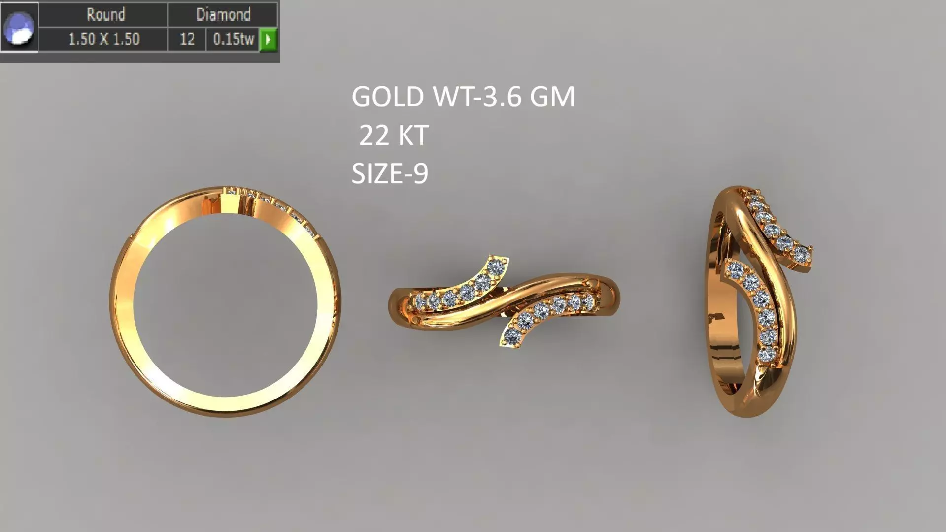 22K Gold Diamond Ring 3D Model 3 Gram Size 9 Free 3D print model