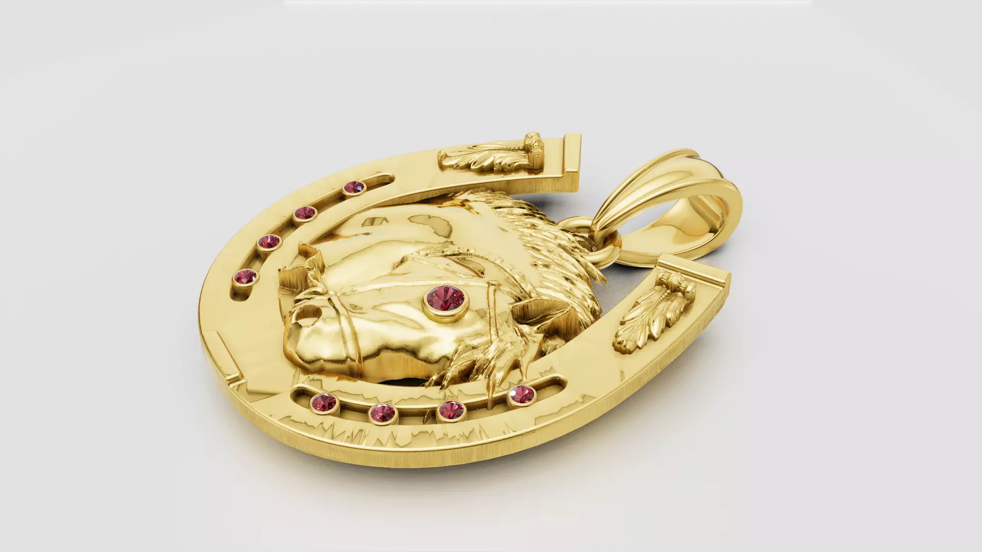 Gold Horse Head Horseshoe Pendant with Ruby Accents 3D print model