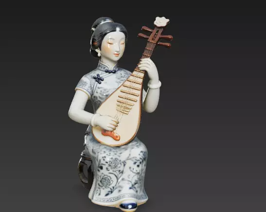 Porcelain Woman Playing the Pipa in a Sitting Posture 3D model