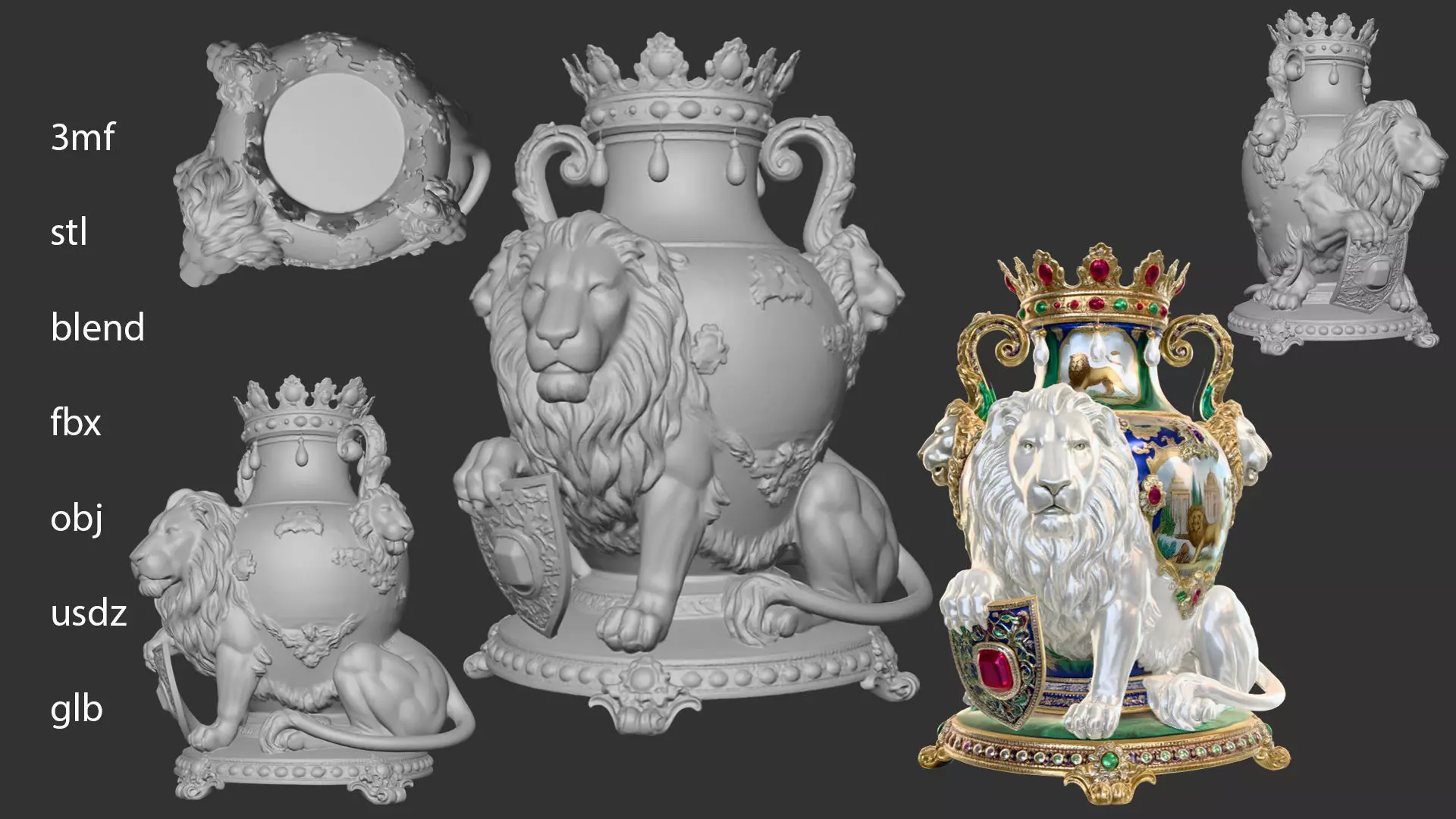 Imperial Royal Lion Vase Ornate Baroque Statue Crown STL 3MF 3D print model