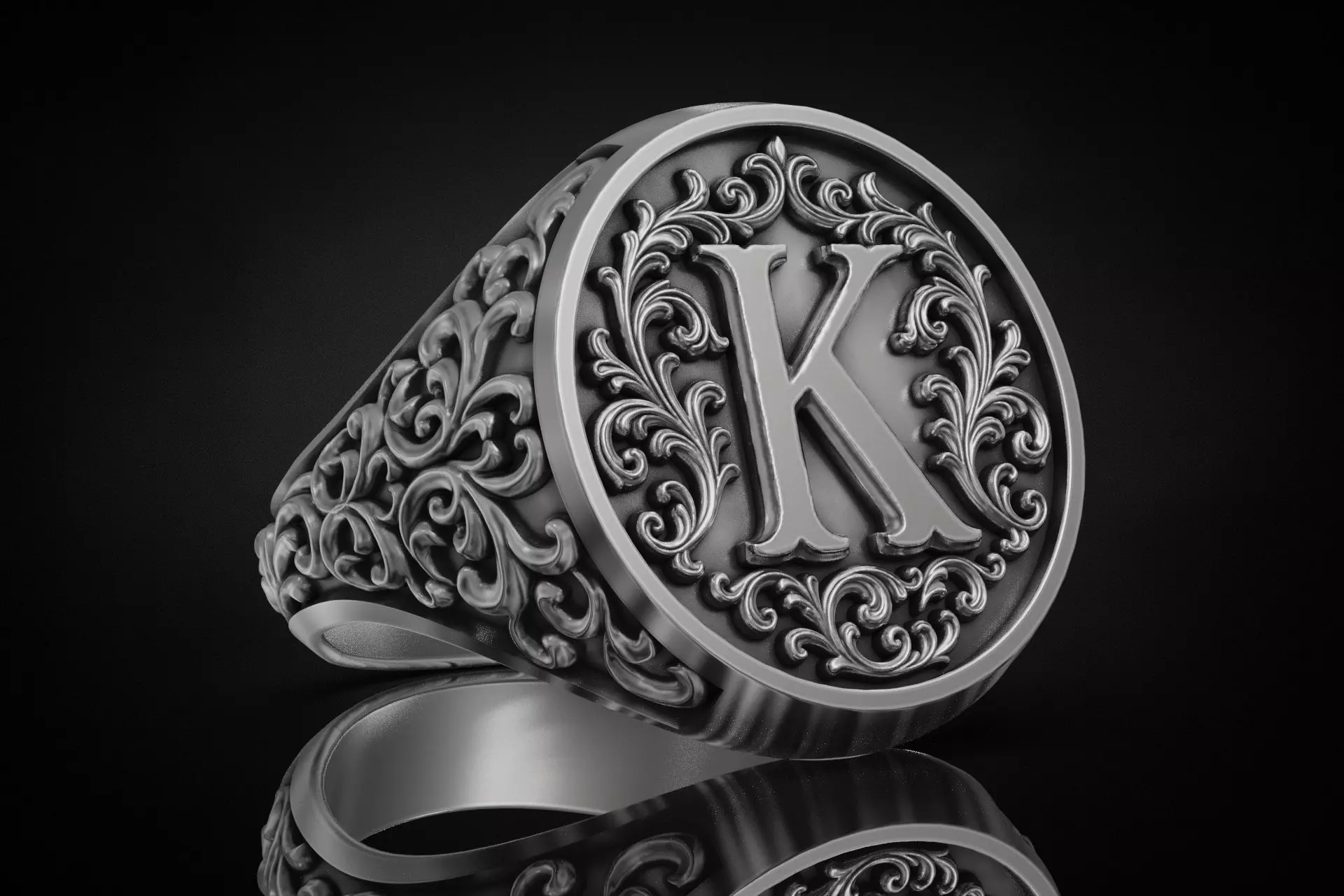 Elegant Letter K Signet Ring Floral Filigree 3D print model