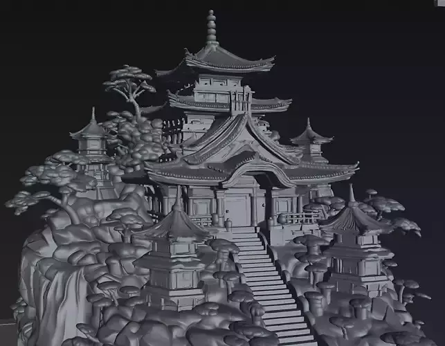 Sacred Mountain Temple Japanese Fantasy Diorama STL