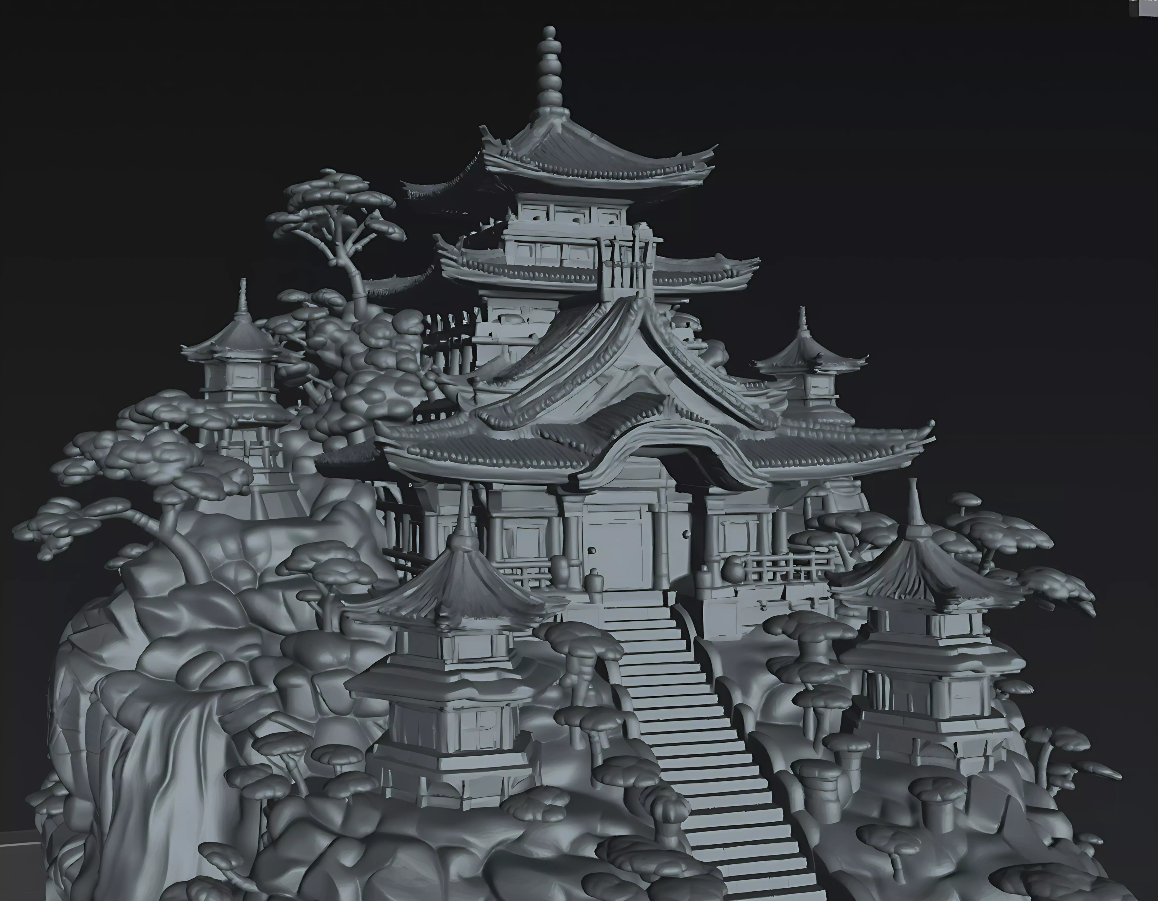 Sacred Mountain Temple Japanese Fantasy Diorama STL 3D print model