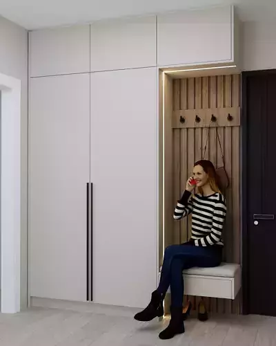 Modern Entryway Wardrobe with Bench and Slatted Wall Panel