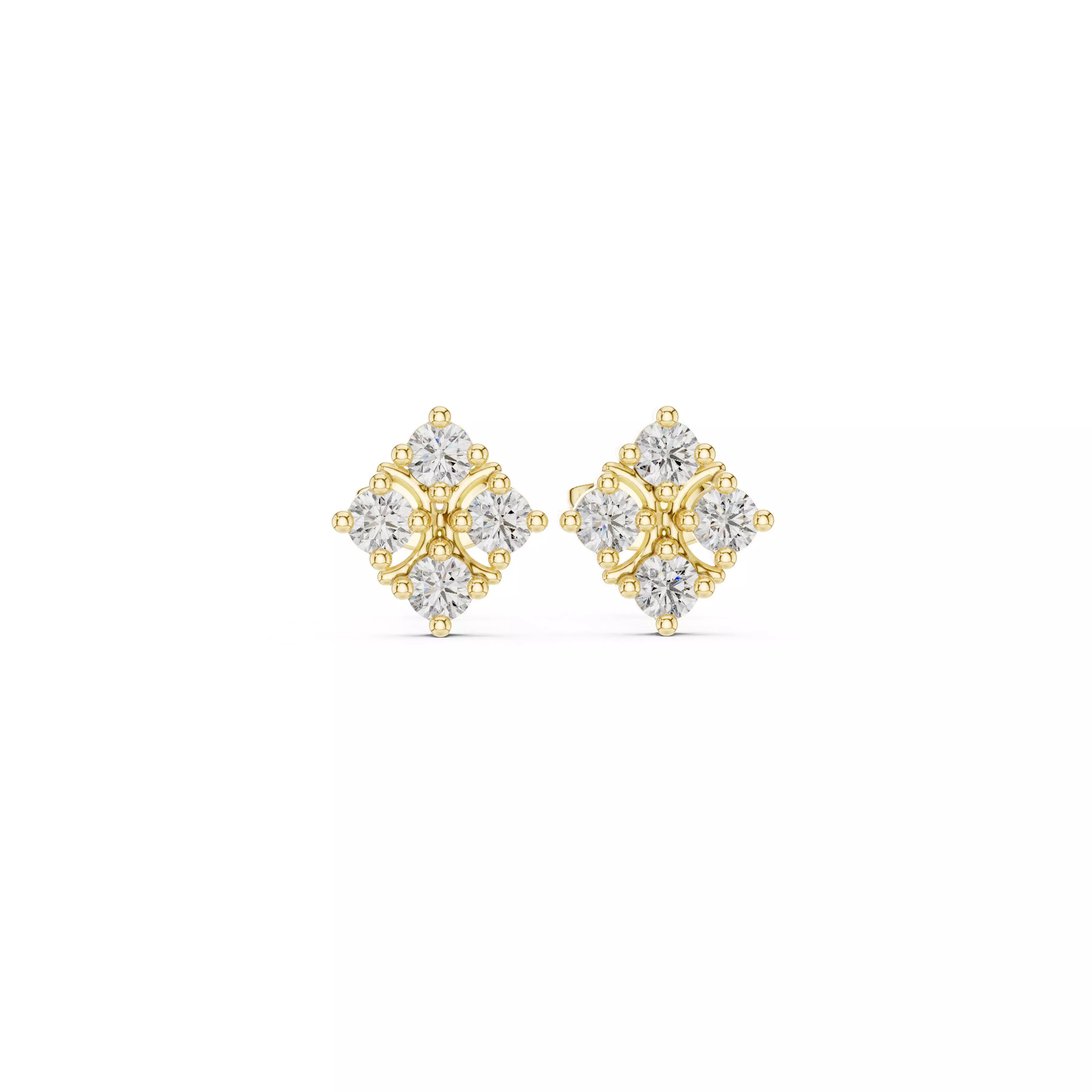 Classic Floral Diamond Stud Earrings Four Petal Studs CAD 3D print model