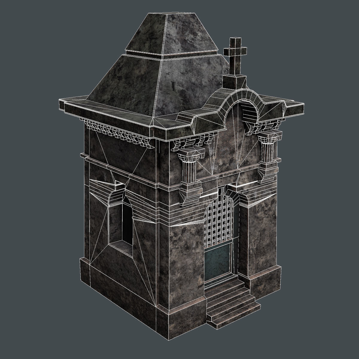Lowpoly Tomb 3 stone building with cross on top Low-poly 3D model_5