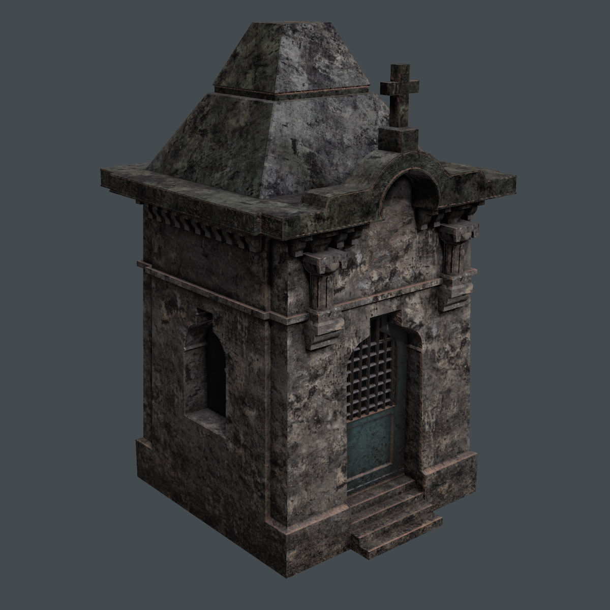 Lowpoly Tomb 3 stone building with cross on top Low-poly 3D model_1