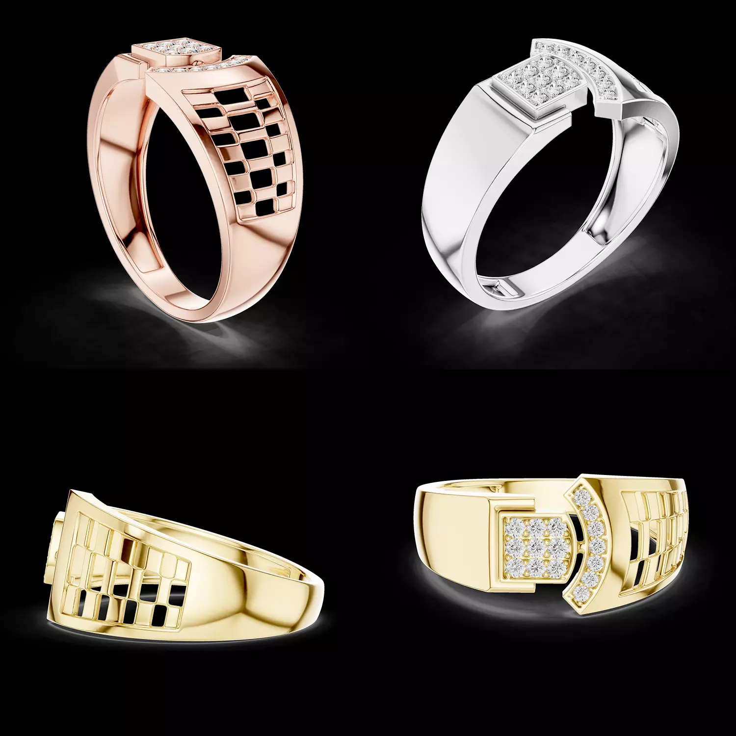 Mens Diamond Signet Ring Grid Design CAD STL 3DM File 3D print model