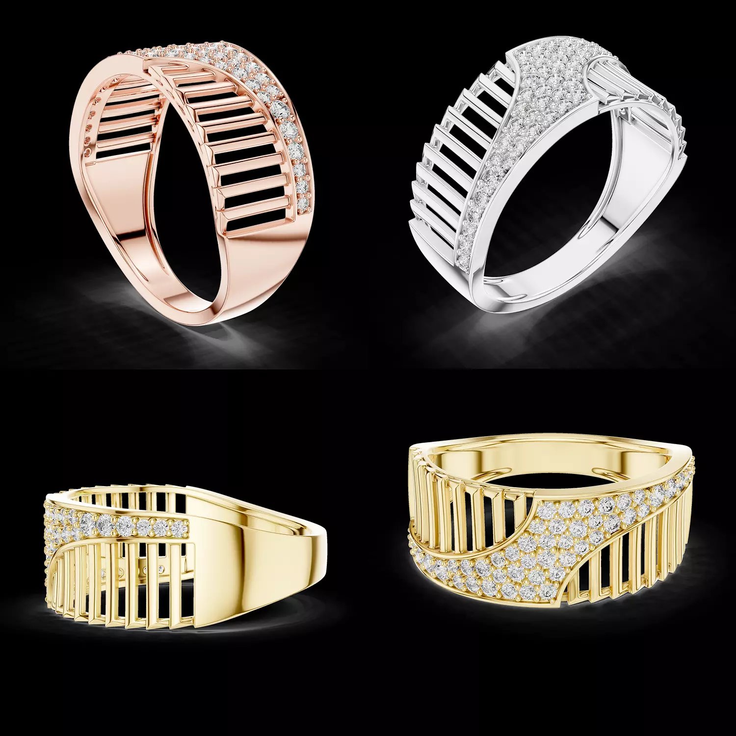 Mens Diamond Ring Curved Bar Design CAD STL 3DM File 3D print model