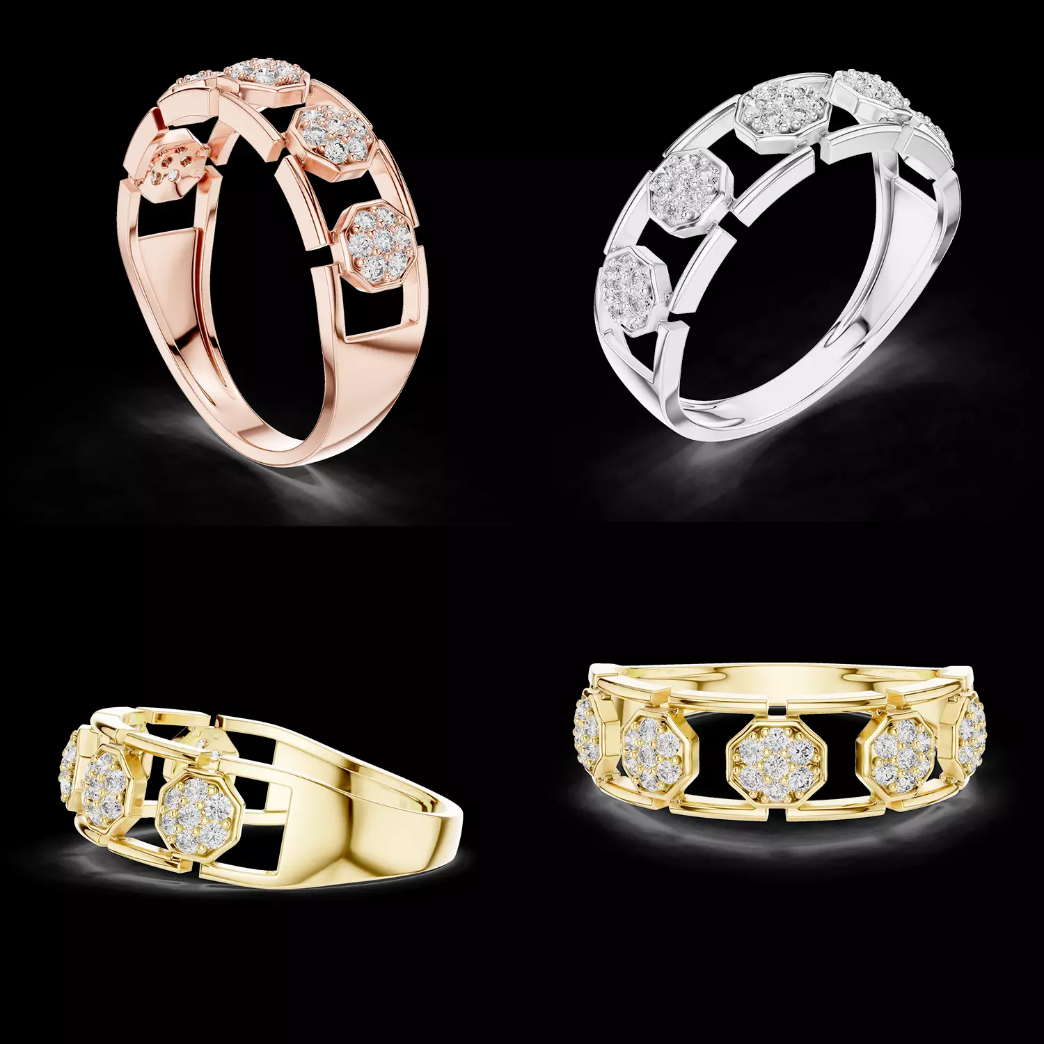 Mens Diamond Ring Hexagon Link Style CAD STL 3DM File 3D print model