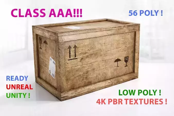 Wooden cargo crate low poly PBR - 4K