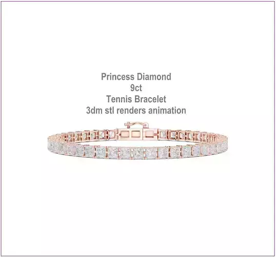 Princess Diamond 9ct Tennis Bracelet 3dm stl renders animation 