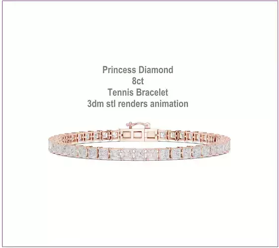Princess Diamond 8ct Tennis Bracelet 3dm stl renders animation 