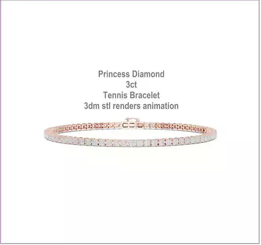 Princess Diamond 3ct Tennis Bracelet 3dm stl renders animation 