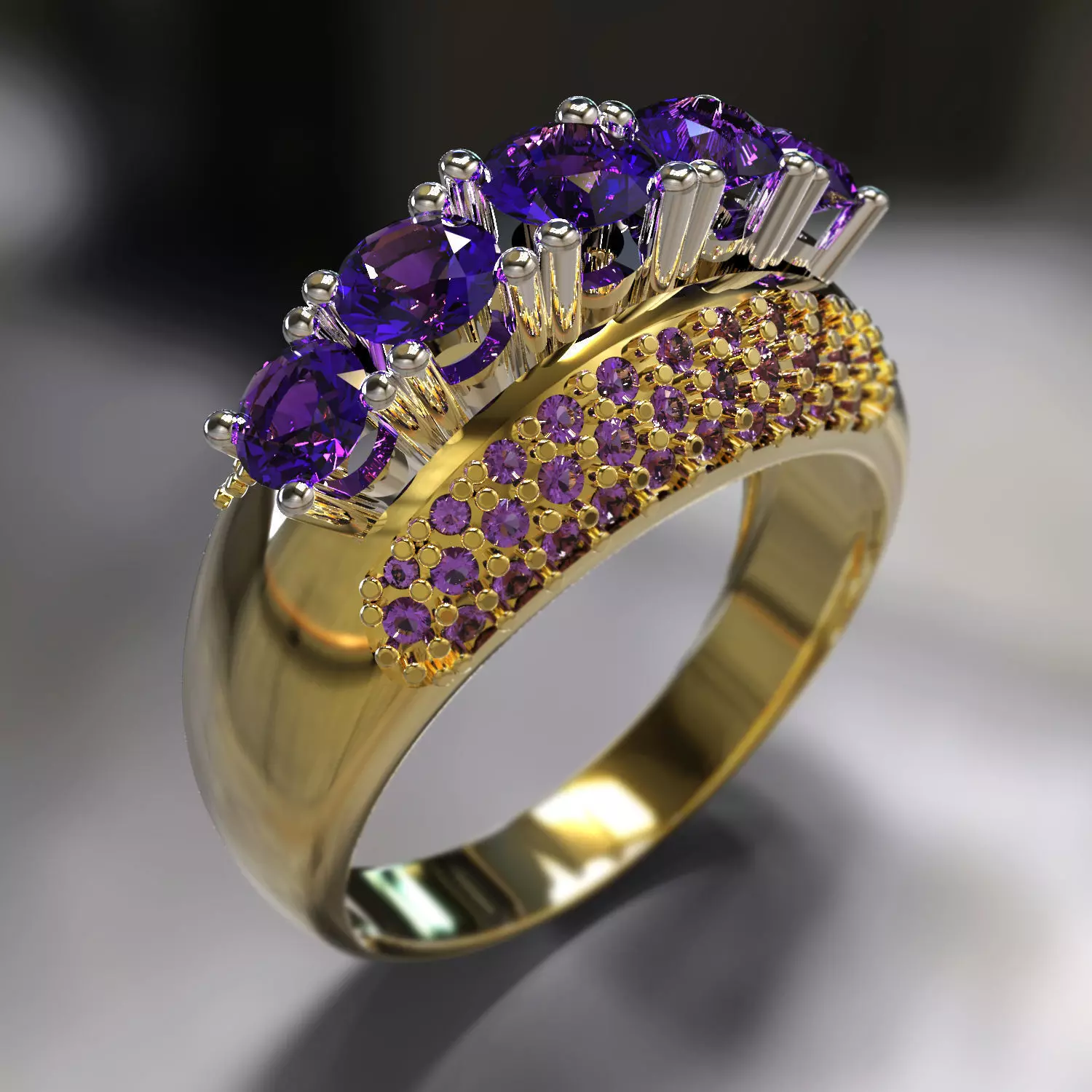 Ring amethyst with stones 3D print model_0