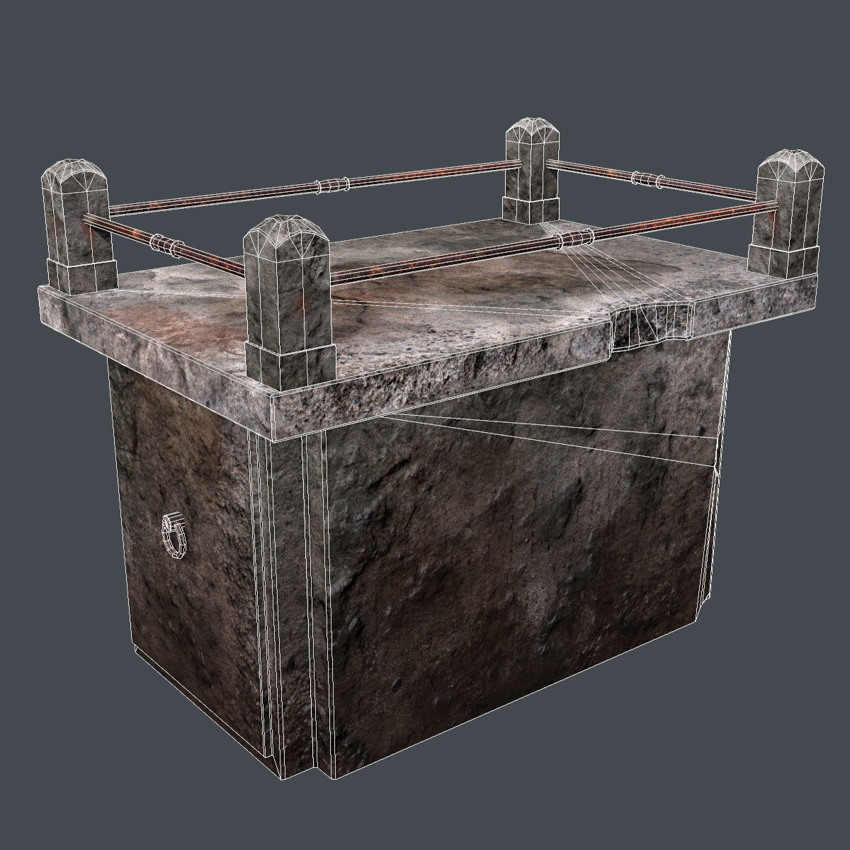 Lowpoly Tombstne concrete box with metal rods Low-poly 3D model_5