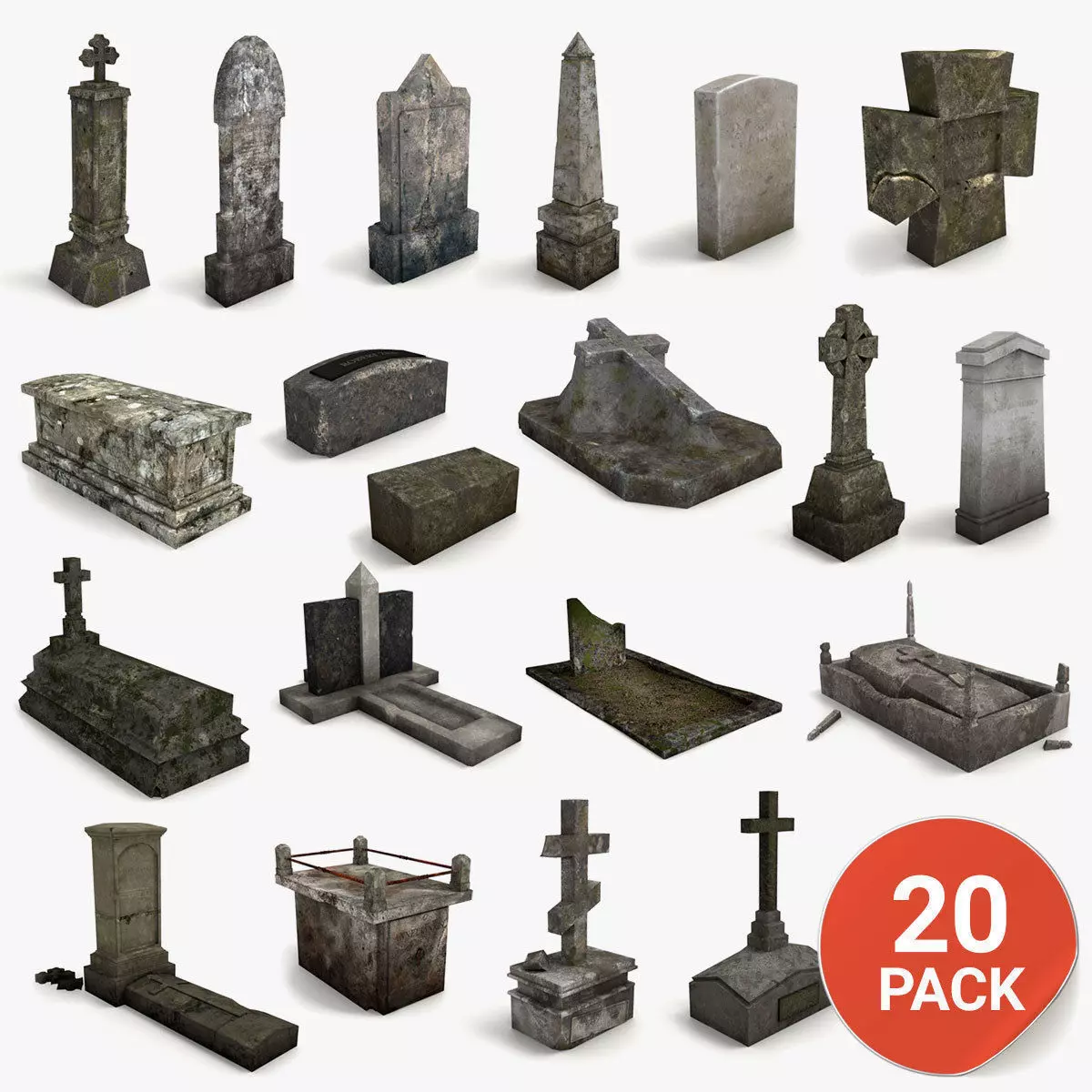 Lowpoly Gravestone 20 Pack Low-poly 3D model_0
