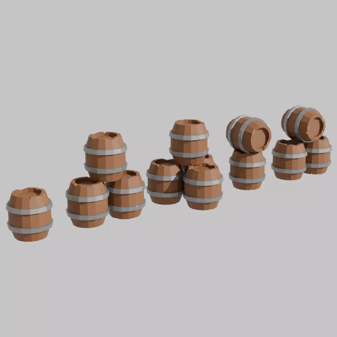 Low Poly Wooden Barrels Set Low-poly 3D model
