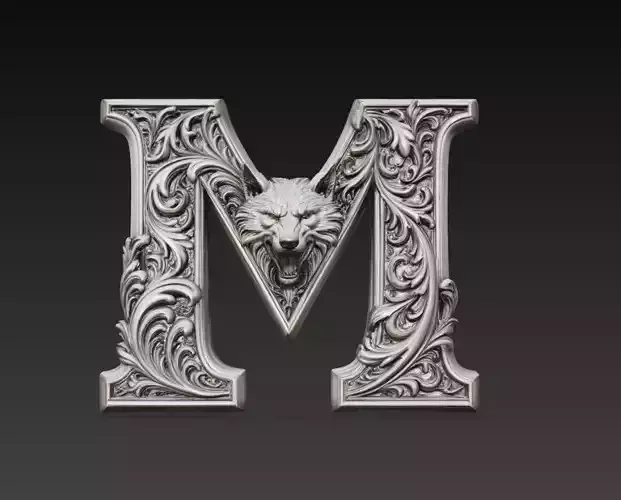 Ornamental Letter M Wolf Sculpture 3D Model