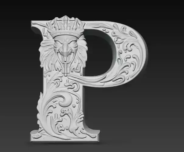 Ornamental Letter P Crowned Lion 3D Model