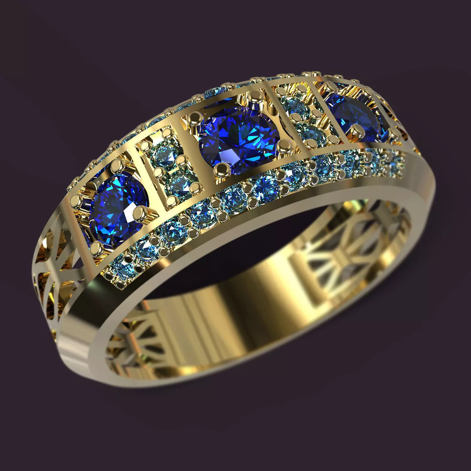 Ring gold with sapphires and diamonds 3D print model_0