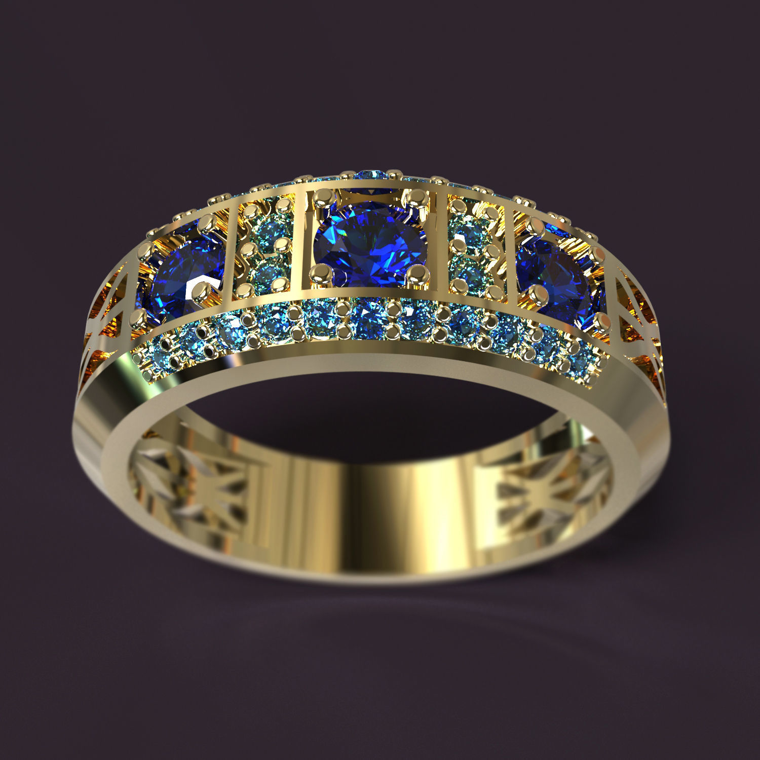 Ring gold with sapphires and diamonds 3D print model_1