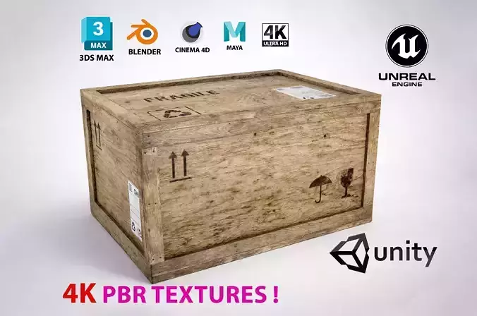 Wooden cargo crate low poly PBR 4K