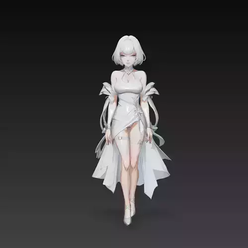 Elegant Anime Girl White Dress Character 3D Model