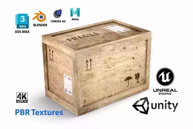 Wooden cargo crate low poly PBR - 4K