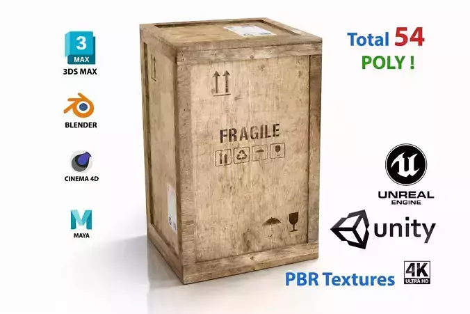 Wooden cargo crate low poly PBR - 4K