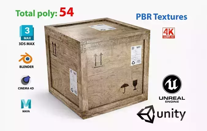 Wooden cargo crate low poly PBR - 4K