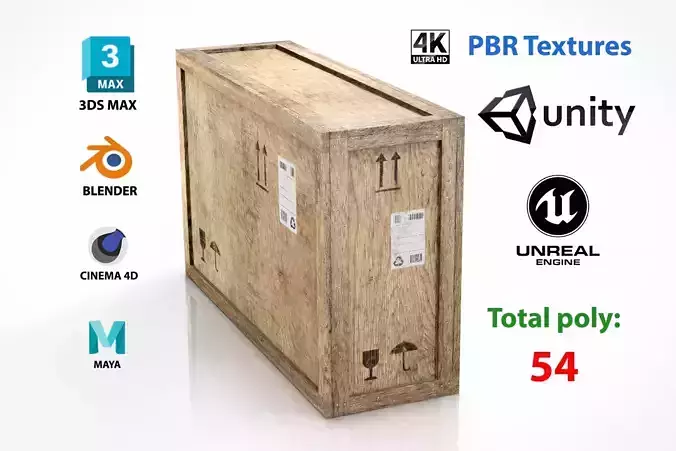  Wooden cargo crate low poly PBR - 4K