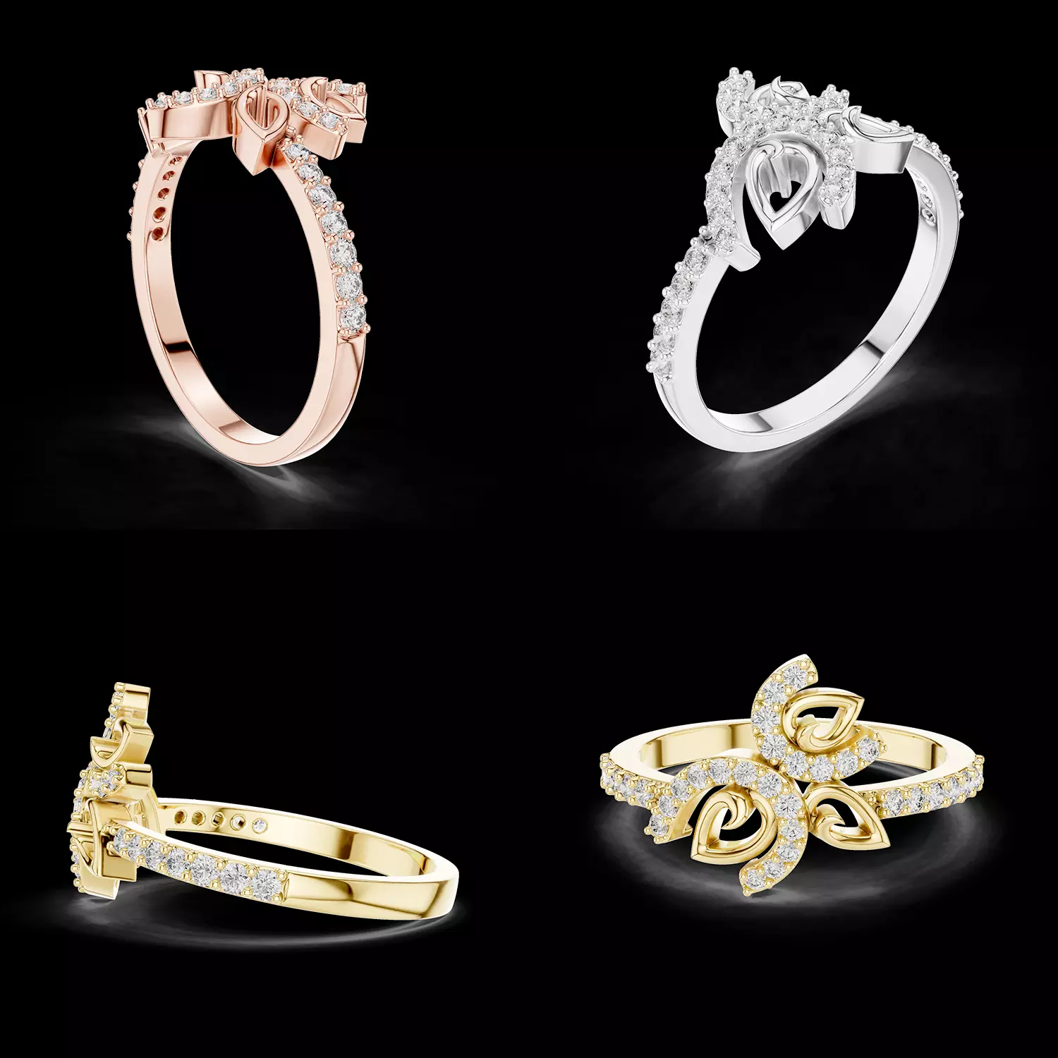 Diamond Heart Floral Ring CAD STL 3DM Jewelry Design File 3D print model