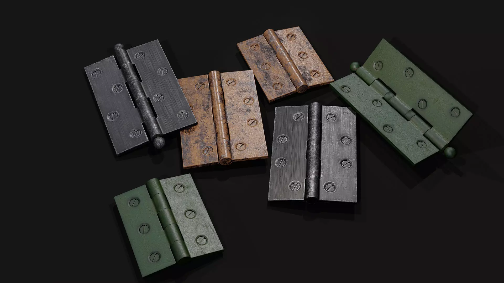 Door Hinges Pack - 3 Types and 3 Materials Low-poly 3D model