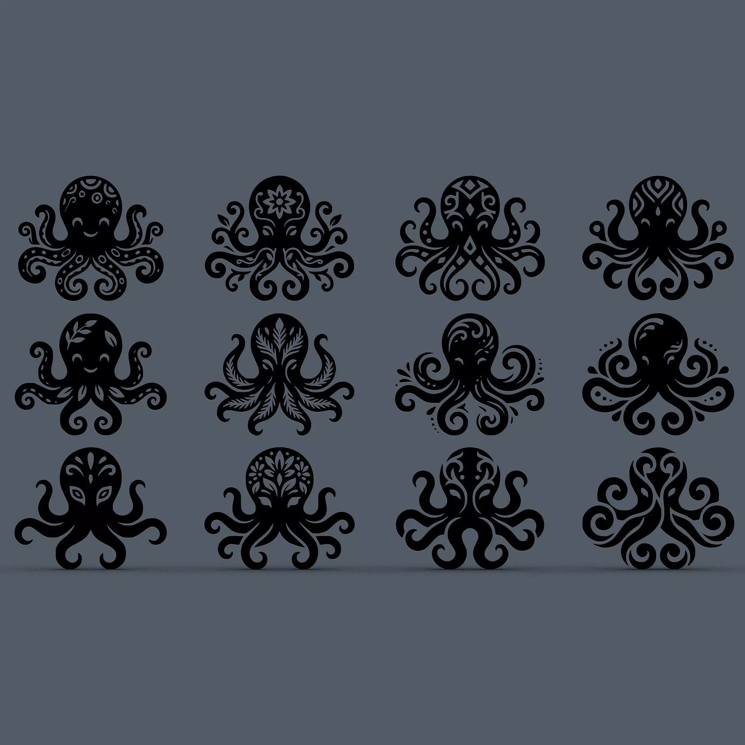 Cute Octopus Designs Pack 12 Decorative Relief Models for CNC 3D print model