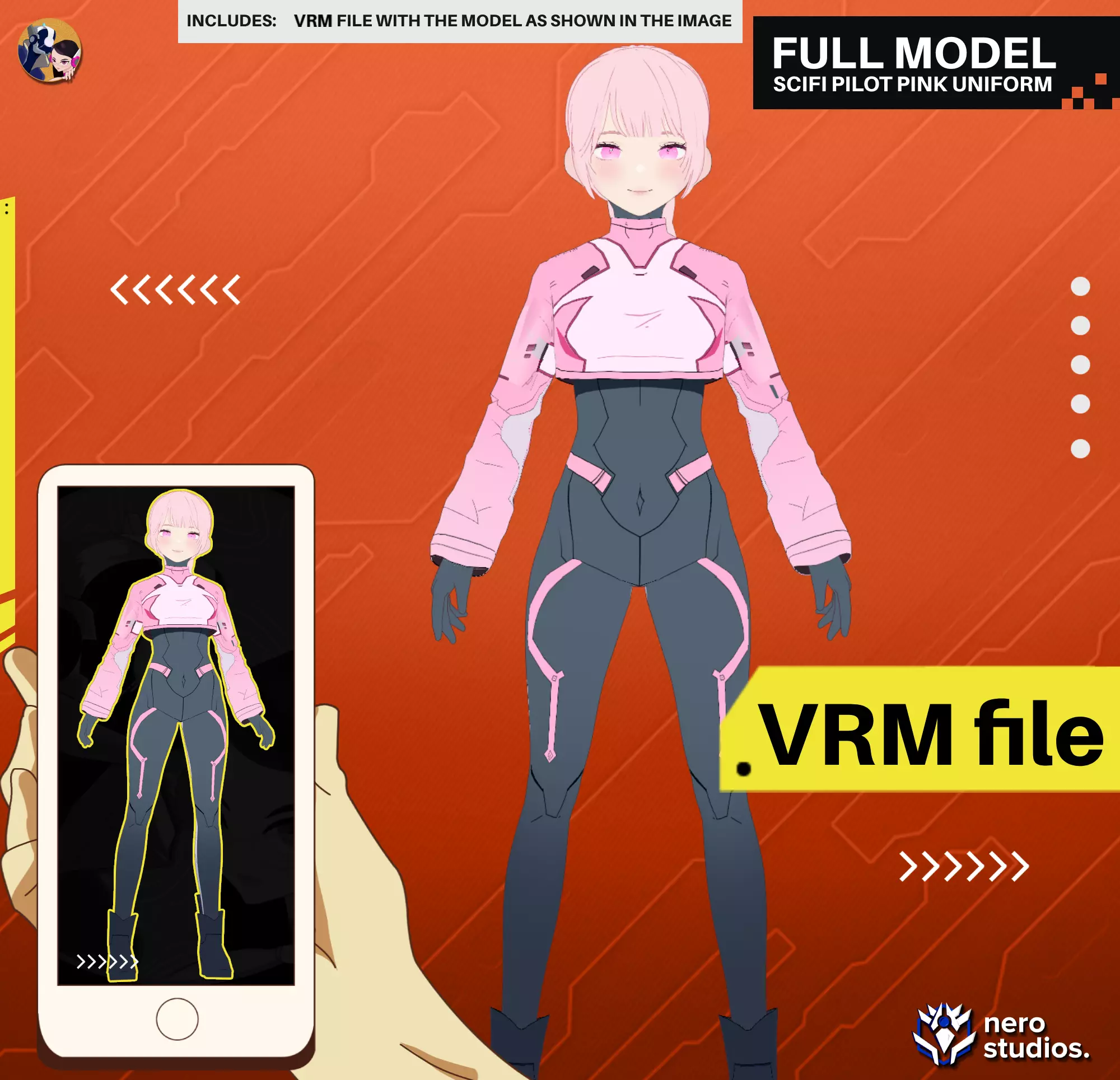VRM SCIFI PILOT PINK UNIFORM COSTUME BODYSUIT LONG BRAID 3D model