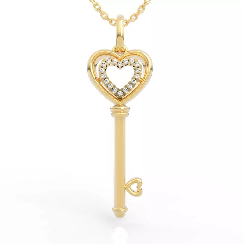 Elegant Double Heart Diamond Outline Key Pendant Necklace 3D print model