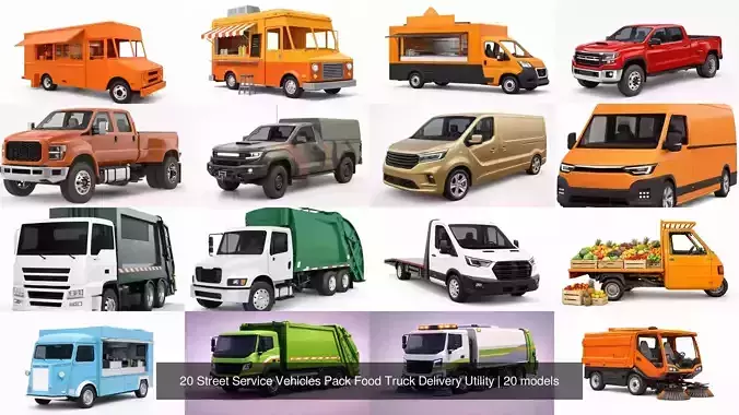 20 Street Service Vehicles Pack Food Truck Delivery Utility