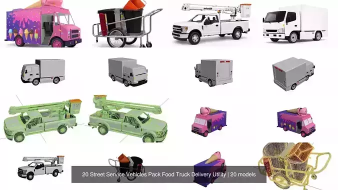20 Street Service Vehicles Pack Food Truck Delivery Utility 3