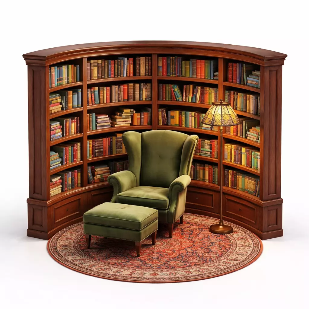 Tiny Library Corner Cozy Reading Curved Bookshelf Set 3D model