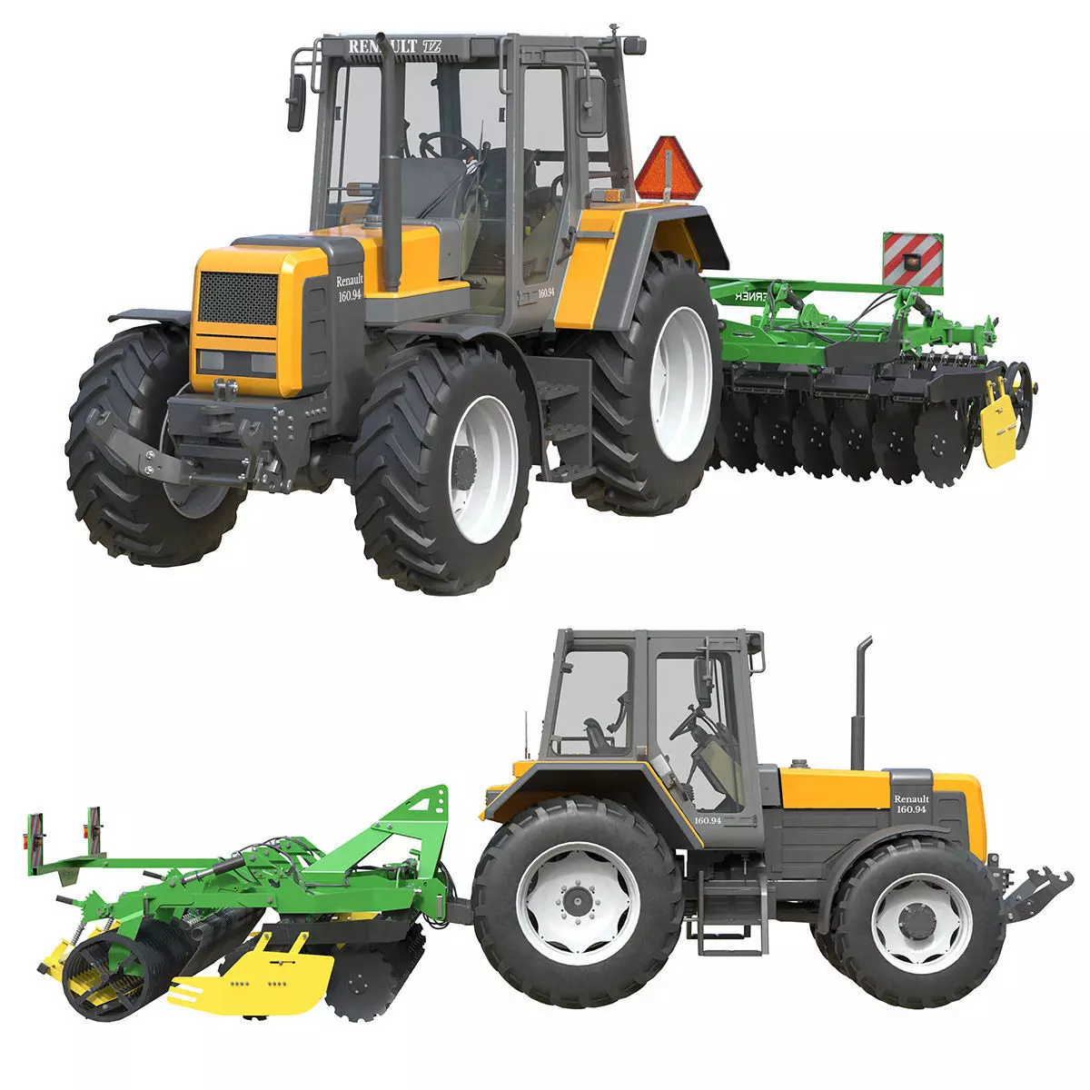 Renault 160-94 Tractor and Compact Disc Harrow Low-poly 3D model
