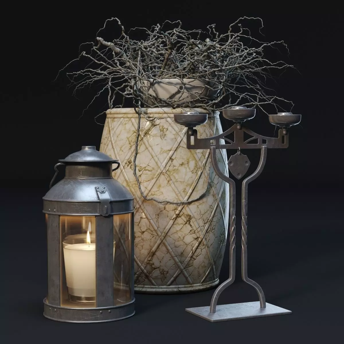 Decorative Set candle in vase and lantern 3D model