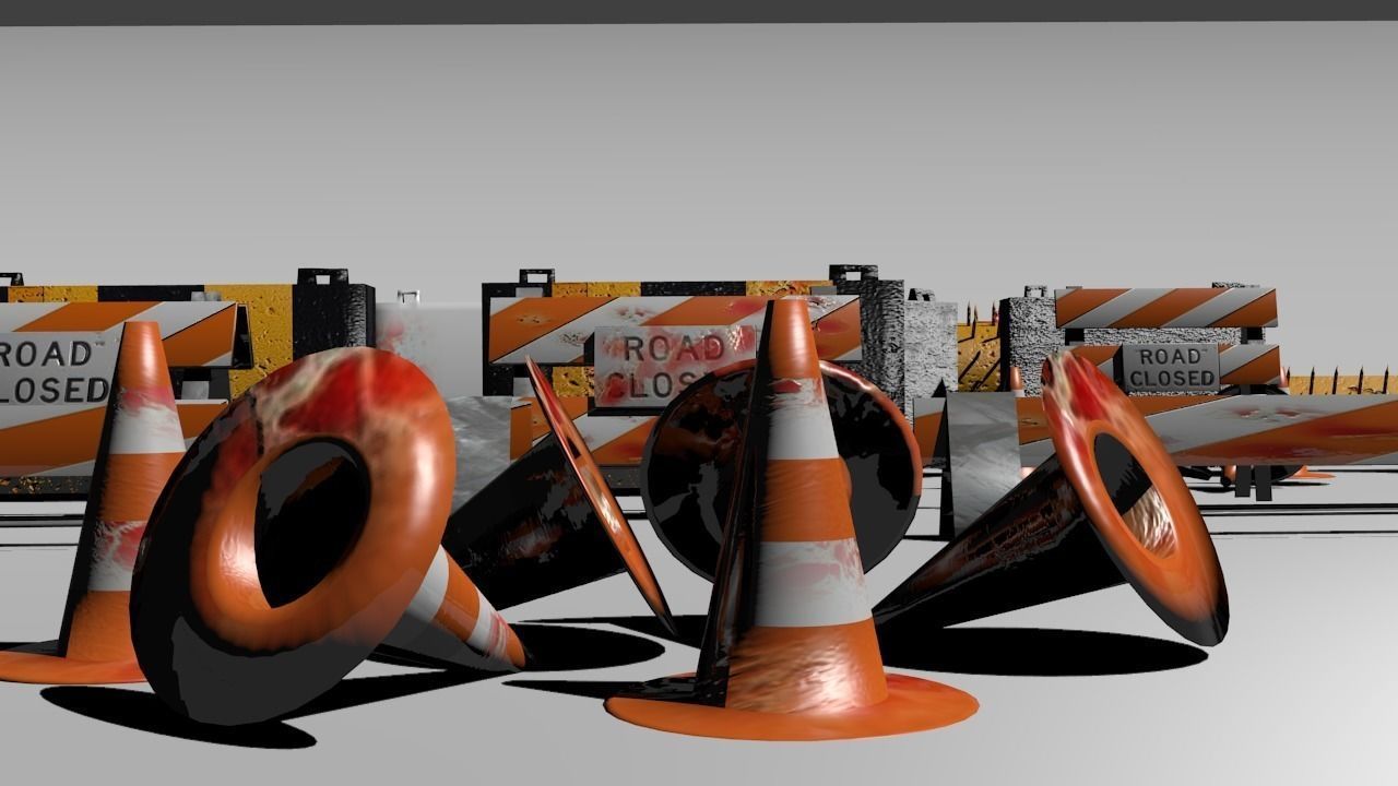 Road blocks and signs Low-poly 3D model_4
