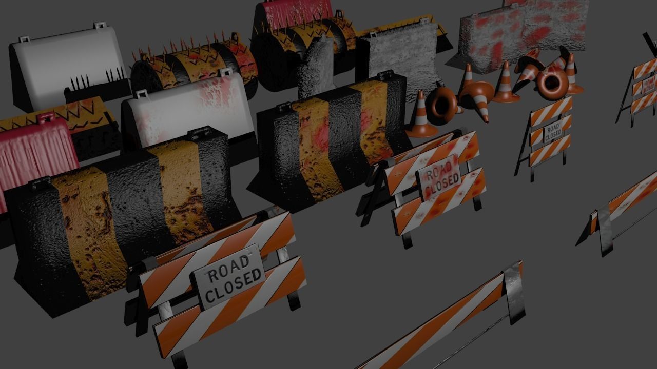 Road blocks and signs Low-poly 3D model_13