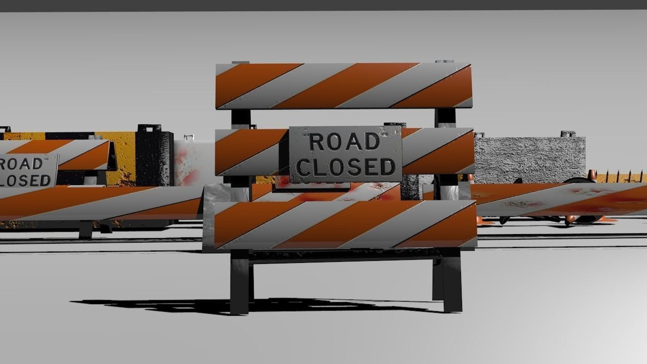 Road blocks and signs Low-poly 3D model_2