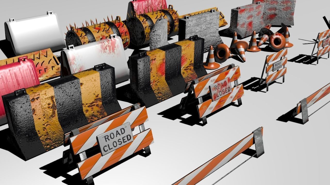 Road blocks and signs Low-poly 3D model_0