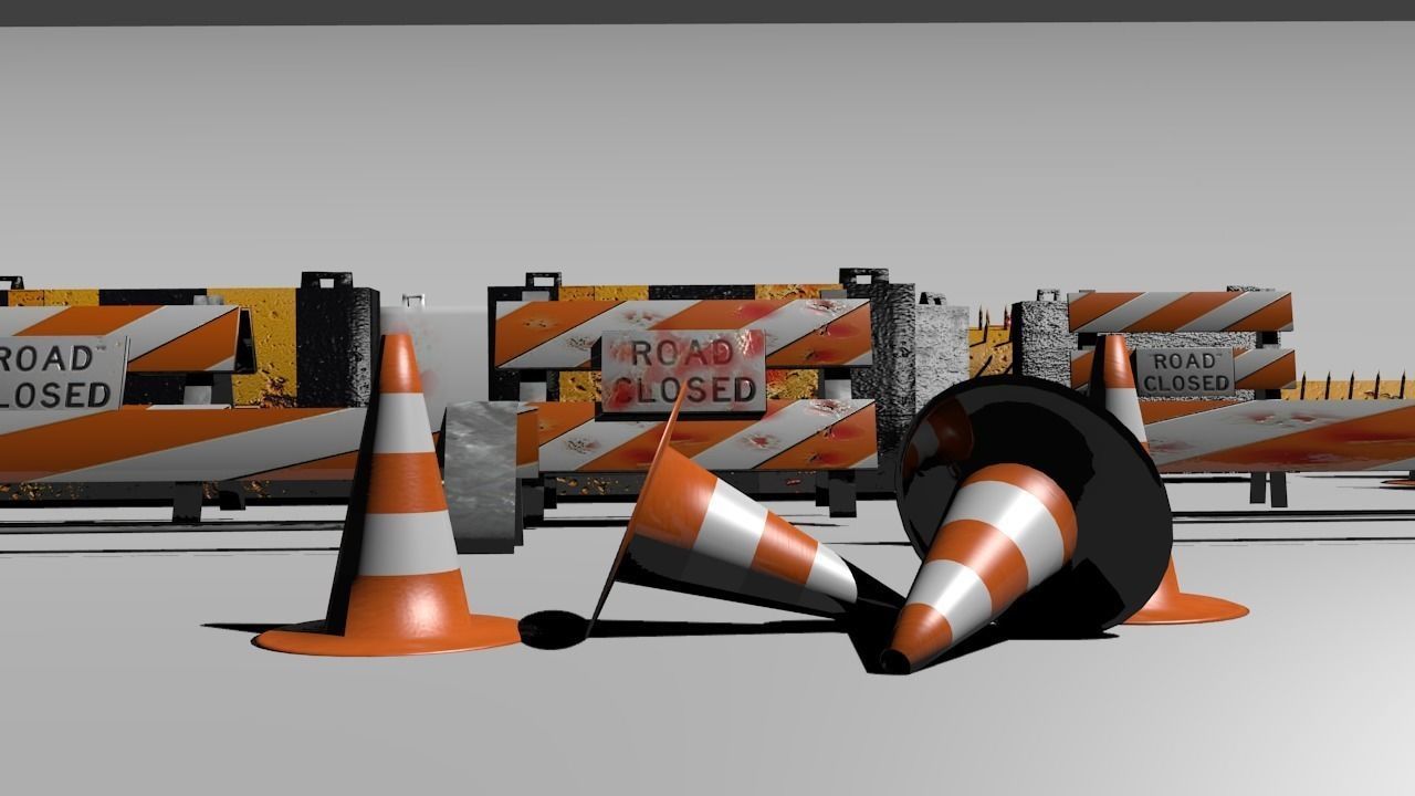Road blocks and signs Low-poly 3D model_1