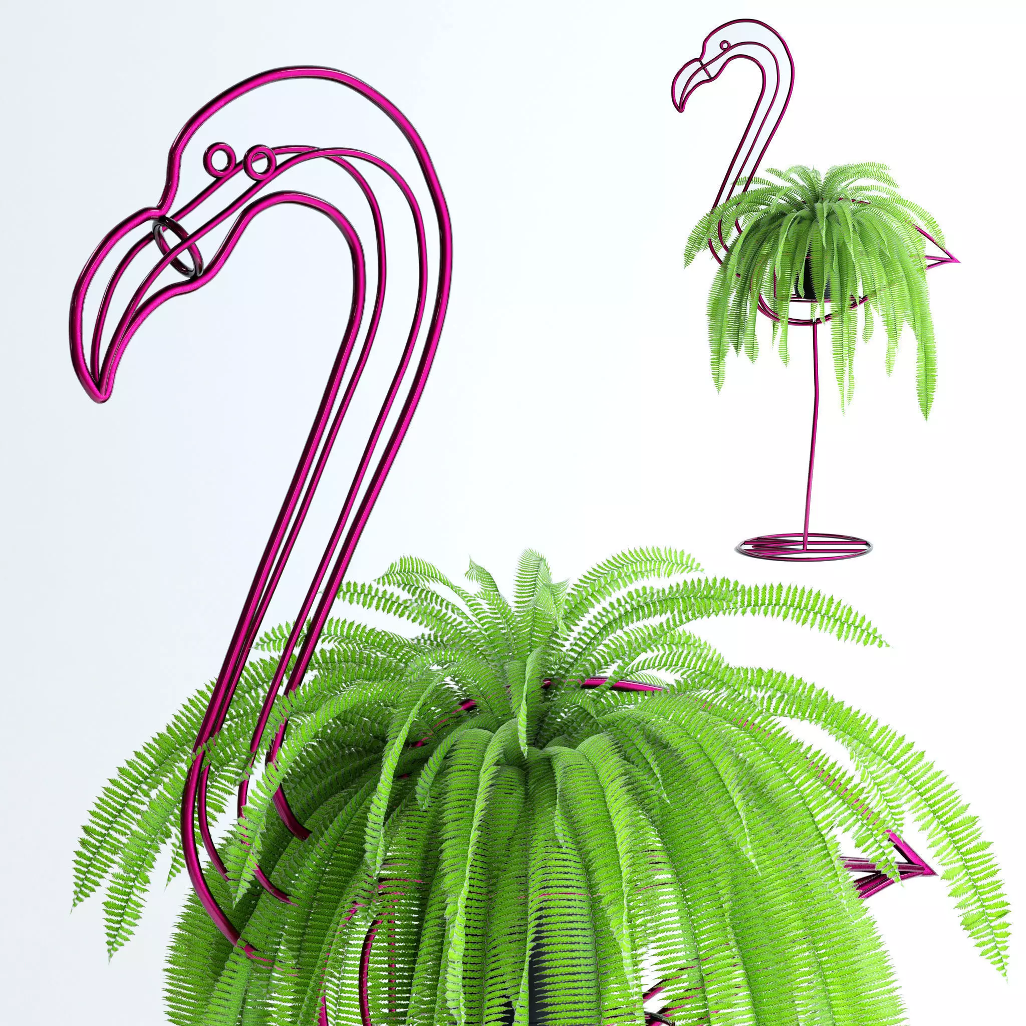 Fern in pink flamingo sculpture 3D model_0