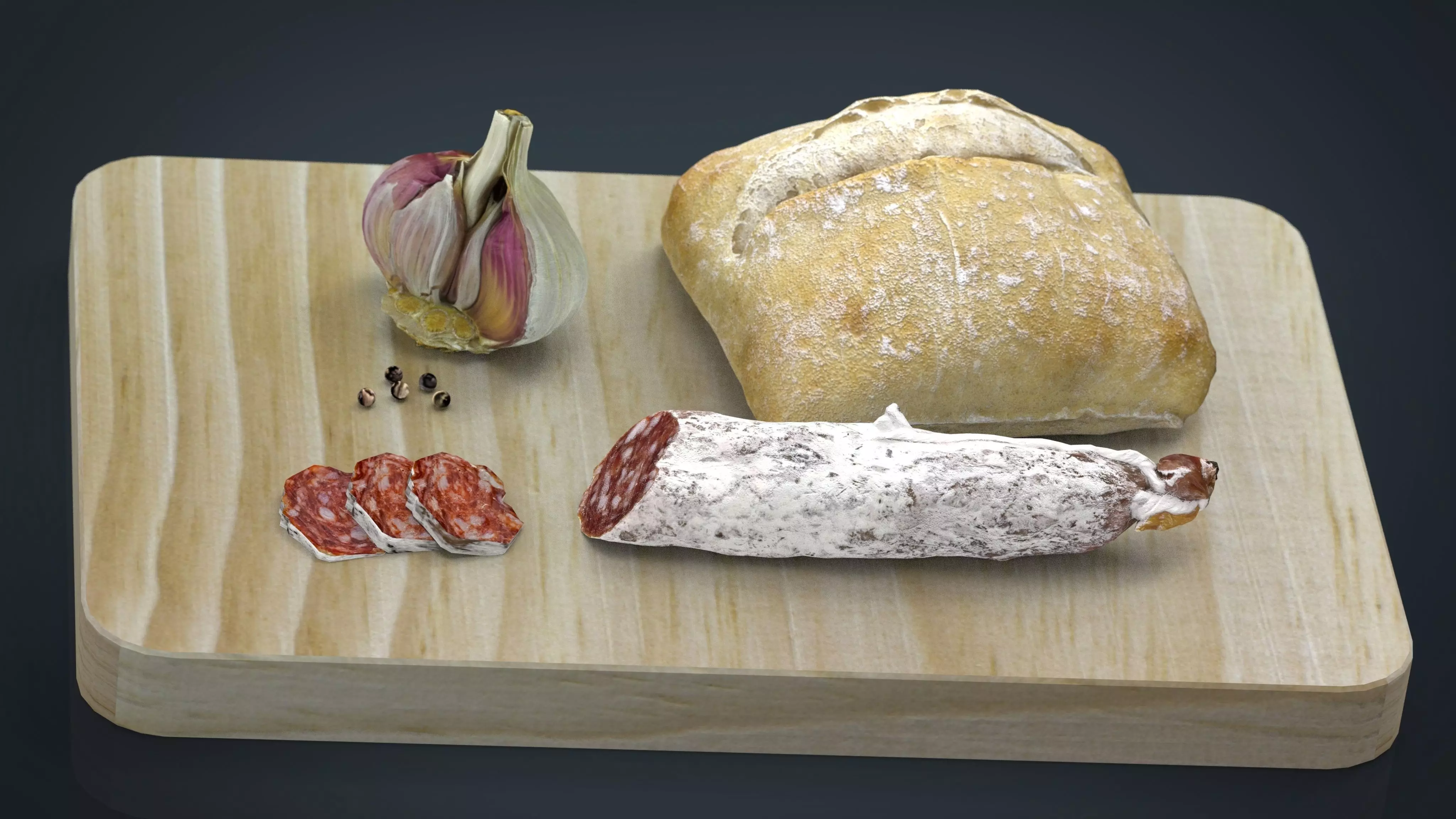 Fuet on a wooden board 3D model_0